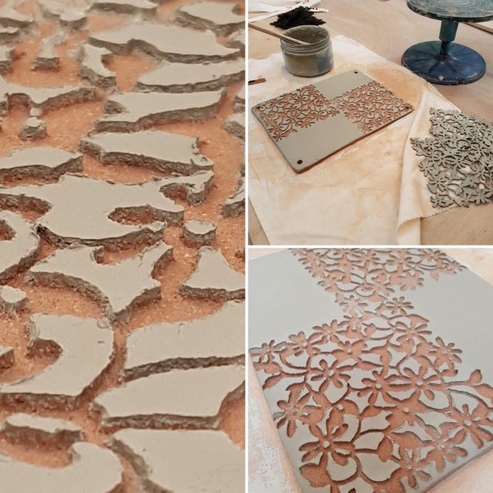 Wall piece in pocess by Emily O'Byrne with resist and slip detail. Dublin ceramic class. #ceramicforms #slip #loveclay #wip #students #process #ceramicstudio #potterystudio #ceramicclass #dublin #ceramicforms #handmade #stoneware #resist #texture. www.ceramicforms.com