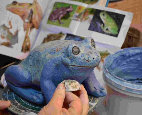 Frog modelled by Paula Cullen in crank clay body at Dublin based Tuesday morning pottery course. Decorating slip detail, with mark making. Later electric fired to 1260°C (Cone 8). www.ceramicforms.com